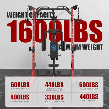 FAGUS Smith Machine Home Gym Power Cage with Pulley System, Space Saving Design Squat Rack with Full Body Strength Training Attachments, PEC Station & Fixed Cable Crossover Optional