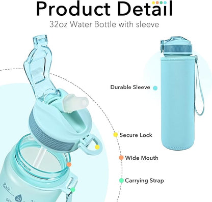 Water Bottle with Straw, Motivational 32 oz Water Bottles with Time Marker & No Sweat Sleeve, BPA Free Leak Proof Gym Bottle with Times to Drink