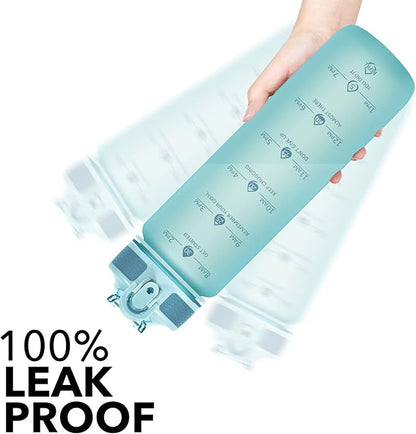 Water Bottle with Straw, Motivational 32 oz Water Bottles with Time Marker & No Sweat Sleeve, BPA Free Leak Proof Gym Bottle with Times to Drink