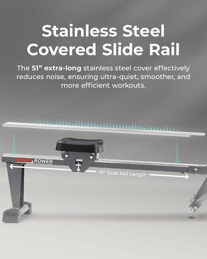 Sunny Health & Fitness Full-Motion Rowing Machine w/Adjustable Resistance, Low-Impact Full-Body Workout Rower w/Long Slide Rail, Space-Saving Design, Free SunnyFit App Connection