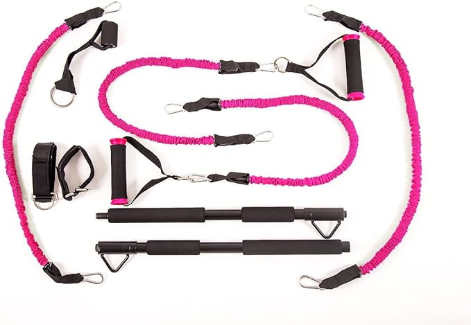 BodyBoss 2.0 - Full Portable Home Gym Workout Package + Resistance Bands - Collapsible Resistance Bar, PKG4-PINK (Pink - Full Gym + Extra Bands)