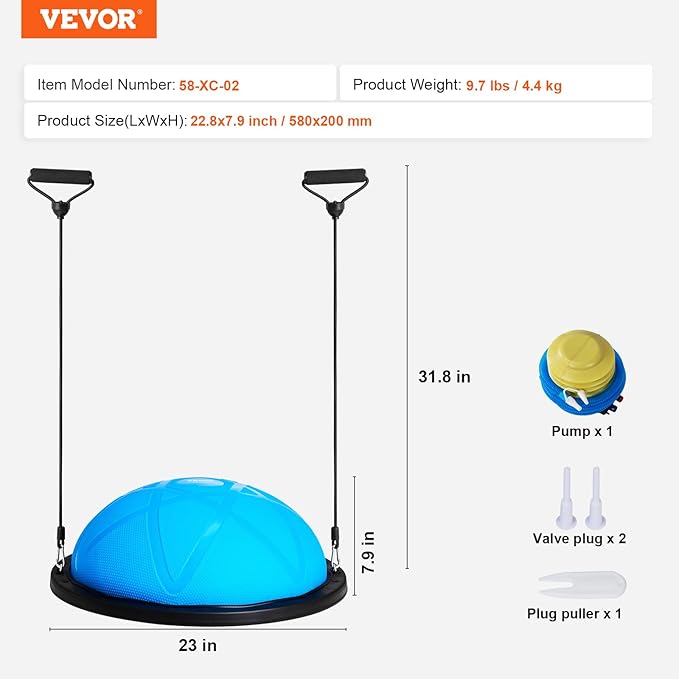 VEVOR Half Exercise Ball Trainer, 23/26 inch Balance Ball Trainer, 1500lbs Capacity Stability Ball, Yoga Ball with Resistance Bands & Foot Pump, Strength Fitness Ball for Home Gym Full Body Workout