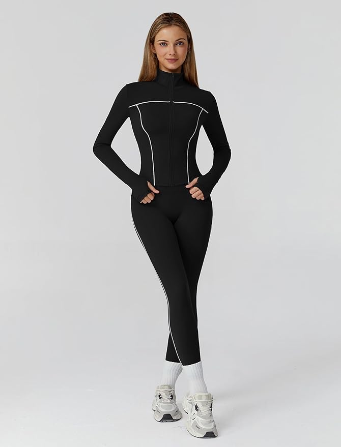 Womens workout sets Contrast Long Sleeve Jacket with Sports Bra and Butt-lifting Pants Yoga Outfits 3 Pieces Set