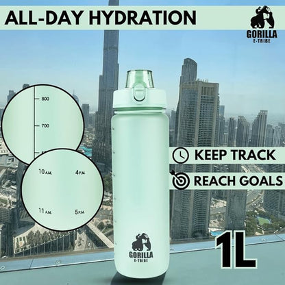 Green Water Bottle Time Marker (32oz) - Daily Intake Tracking - BPA Free & Leak Proof Protein Shake Bottle - Ideal for Gym, Office, School & Hiking