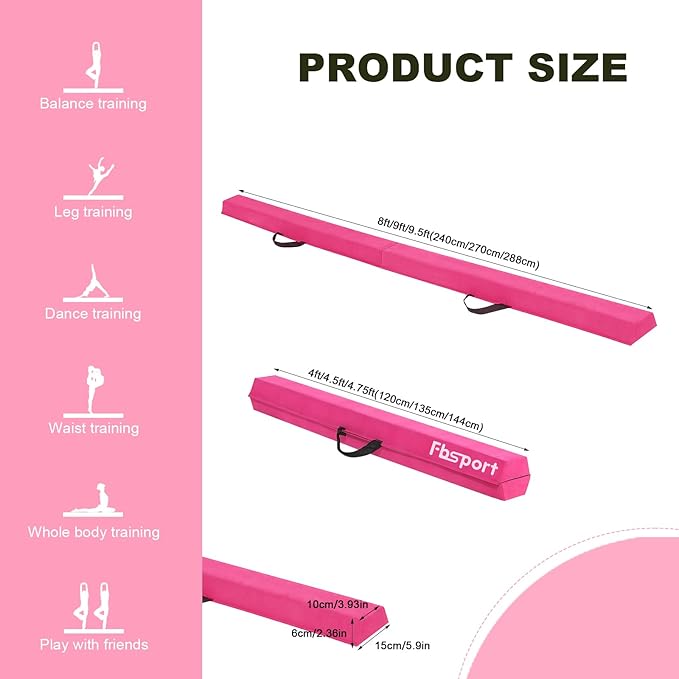 FBSPORT 8ft/9ft/9.5ft Balance Beam Folding Gymnastics Beam Foam Balance Floor Beam Equipment for Kids Adults, Suede Cover Anti Slip Base with Carry Bag for Home School Gym Training