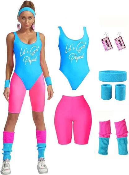 MIAIULIA Womens 80s Workout Costume Outfit 80s Accessories Set Leotard Neon Legging Headband Wristbands Set