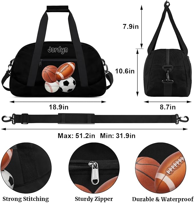 Custom Sports Football Basketball Baseball Duffel Bag Boys, Personalized Name Gymnastics Sport Gym Training Duffel Sportsman Bag Men, Solid Black Background