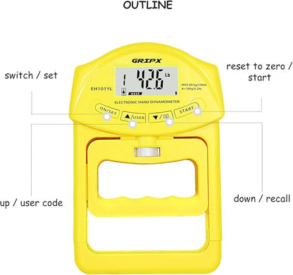 GRIPX Digital Hand Dynamometer Grip Strength Measurement Meter Auto Capturing Electronic Hand Grip Power 198Lbs / 90Kgs