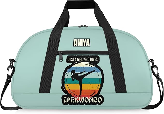 Custom Name Taekwondo Karate Duffle Bag for kids Girls - Personalized Martial Arts Gear Bag, Water-Resistant Sparring Equipment Bag, Taekwondo Cyan