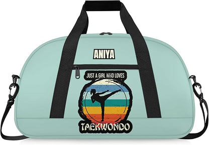 Custom Name Taekwondo Karate Duffle Bag for kids Girls - Personalized Martial Arts Gear Bag, Water-Resistant Sparring Equipment Bag, Taekwondo Cyan