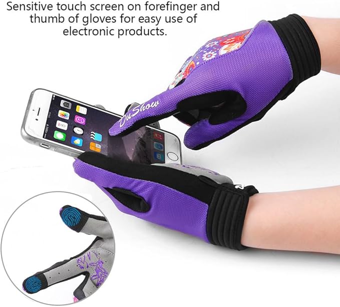 DuShow Bike Gloves for Women Cycling,Pink Floral Workout Gloves Women,Full Finger Biking Driving Riding Gloves for Women,Gel Padded Touch Screen Gym Gloves