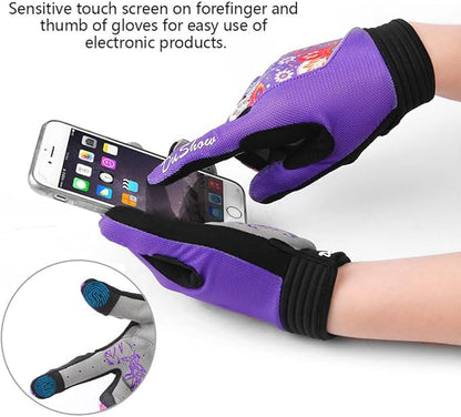 DuShow Bike Gloves for Women Cycling,Pink Floral Workout Gloves Women,Full Finger Biking Driving Riding Gloves for Women,Gel Padded Touch Screen Gym Gloves