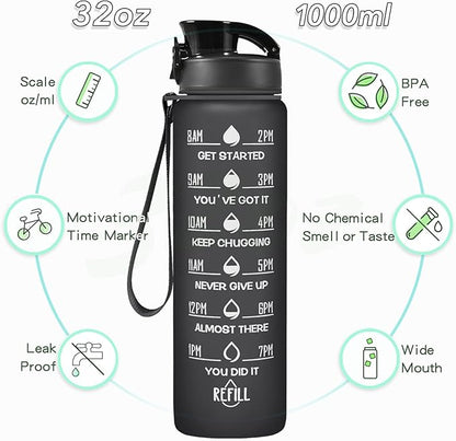 Enerbone Water Bottle, Leakproof BPA & Toxic Free, Motivational Water Bottle with Times to Drink and Straw, Fitness Sports Water Bottle with Strap for Office, Gym, Outdoor Sports