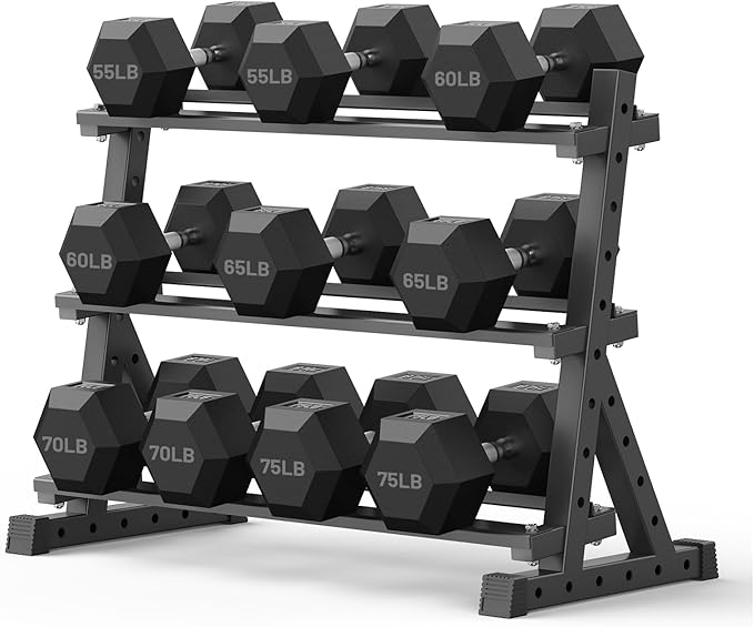 PAPABABE Hex Dumbbell Set with Rack, Rubber Encased Free Weight with Weight Storage Racks, Multiple Weight Options for Home Gym and Fitness