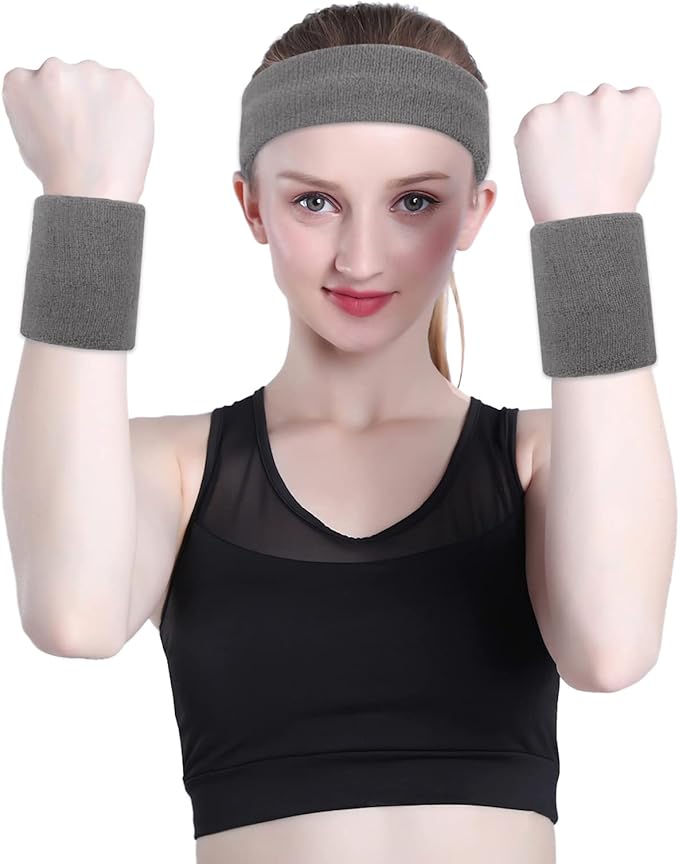 ONUPGO Sweatband Set Sports Headband Wristband Set Sweatbands Terry Cloth Wristband Wrist Sweatband Headbands Moisture Wicking Sweat Absorbing Head Band