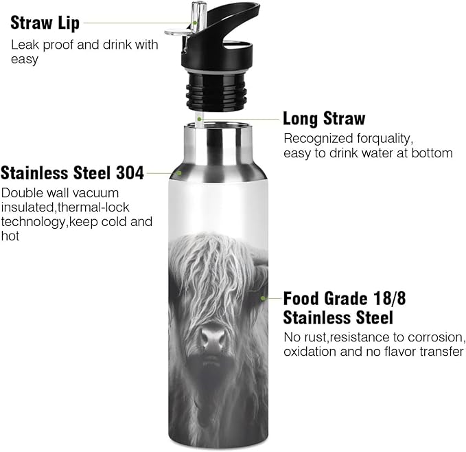 Blueangle 32oz Highland Cow Stainless Steel Water Bottle - Leakproof Insulated Metal Sports Bottle for Gym, Camping, Outdoor Fitness & Travel（25）