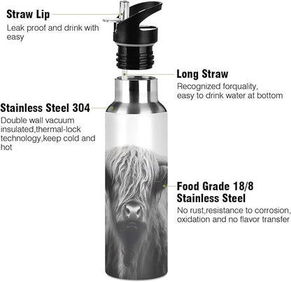 Blueangle 32oz Highland Cow Stainless Steel Water Bottle - Leakproof Insulated Metal Sports Bottle for Gym, Camping, Outdoor Fitness & Travel（25）
