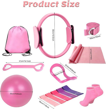 Pilates Equipment Kit for Women - Home Workout Set with Pilates Ring,9.8" Yoga Ball, 5 Resistance Bands, Magic Circle, for Legs, Arms, Thighs, Yoga Set for Beginners