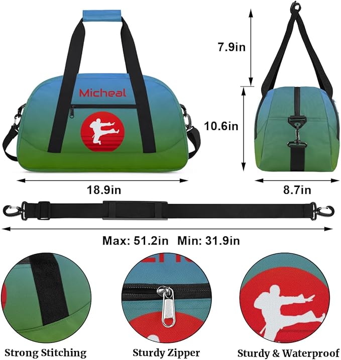 Personalized Martial Art Bag Duffel Bag for Boys Girls, Custom Taekwondo Karate Bag for Travel Weekender Practice Gradient Blue