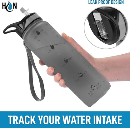 Hydration Nation (32oz Water Bottle With Time Marker - Leak Proof Water Bottles With Times To Drink For Fitness & Sports - 32oz Water Bottle With Straw For Drinking - Water Tracker Bottles (Gray)