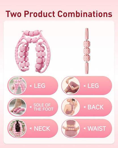 Massage Roller for Legs,21 Wheel Circular Leg Clamp+3 Wheel Massage Roller Stick Lymphatic Massage for Relieve Soreness Stiffness Tight Muscles Deep Tissue-Pink