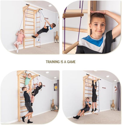 Swedish Ladder Wall Bars with Pull-Up Bar & Dip Station – Wooden Stall Bars, Multifunctional Home Gym Wall Ladder for Strength Training & Stretching
