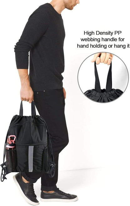 BeeGreen Drawstring Backpack Bag with Shoe Compartment, X-Large Black Gym Sports String Cinch Backpack