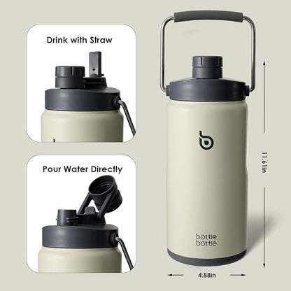 BOTTLE BOTTLE Insulated Water Bottle 64 oz with Straw and Dual-use Lid Half Gallon Water Jug Vacuum Stainless Steel for Workout Sports Insulated Beer Growler with Handle and Pills Holder Gray