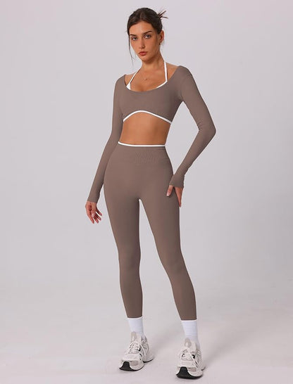 ABOCIW Workout Sets for Women Long Sleeve Crop Top Scrunch Butt Lifting High Waist Leggings 2 Piece Gym Yoga Outfits