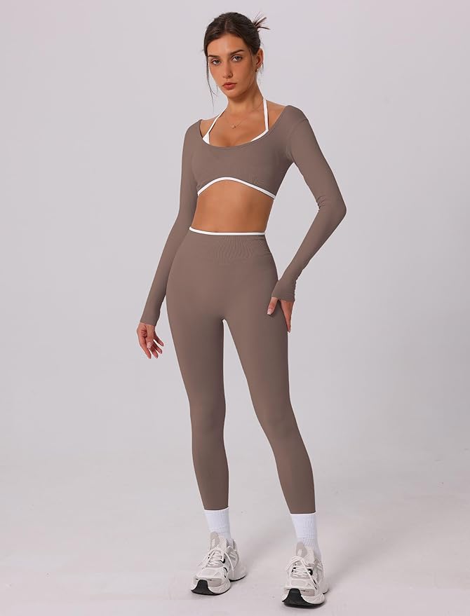 ABOCIW Workout Sets for Women Long Sleeve Crop Top Scrunch Butt Lifting High Waist Leggings 2 Piece Gym Yoga Outfits