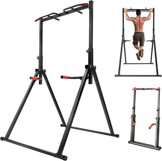Power Tower Pull Up Dip Station, Foldable Pull Up Bar Rack Dip Station 5.74-7.55ft Height Adjustable Home Strength Training Fitness Workout Equipment, Up to 440lbs (With double bars)