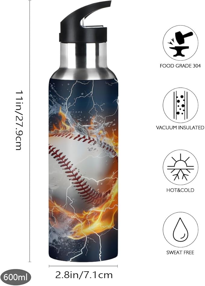 Baseball Vacuum Insulated Water Bottle Stainless Steel Kids Sport Mug with Straw Lid Wide Mouth Leakproof BPA Free for Bike Running Walking Outdoor 20 Oz