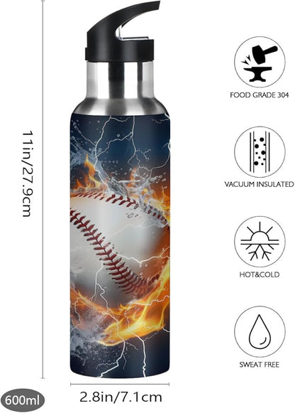 Baseball Vacuum Insulated Water Bottle Stainless Steel Kids Sport Mug with Straw Lid Wide Mouth Leakproof BPA Free for Bike Running Walking Outdoor 20 Oz