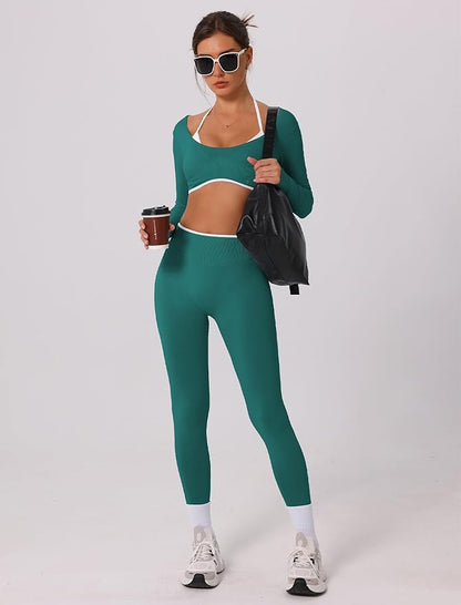 ABOCIW Workout Sets for Women Long Sleeve Crop Top Scrunch Butt Lifting High Waist Leggings 2 Piece Gym Yoga Outfits