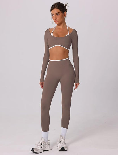 ABOCIW Workout Sets for Women Long Sleeve Crop Top Scrunch Butt Lifting High Waist Leggings 2 Piece Gym Yoga Outfits