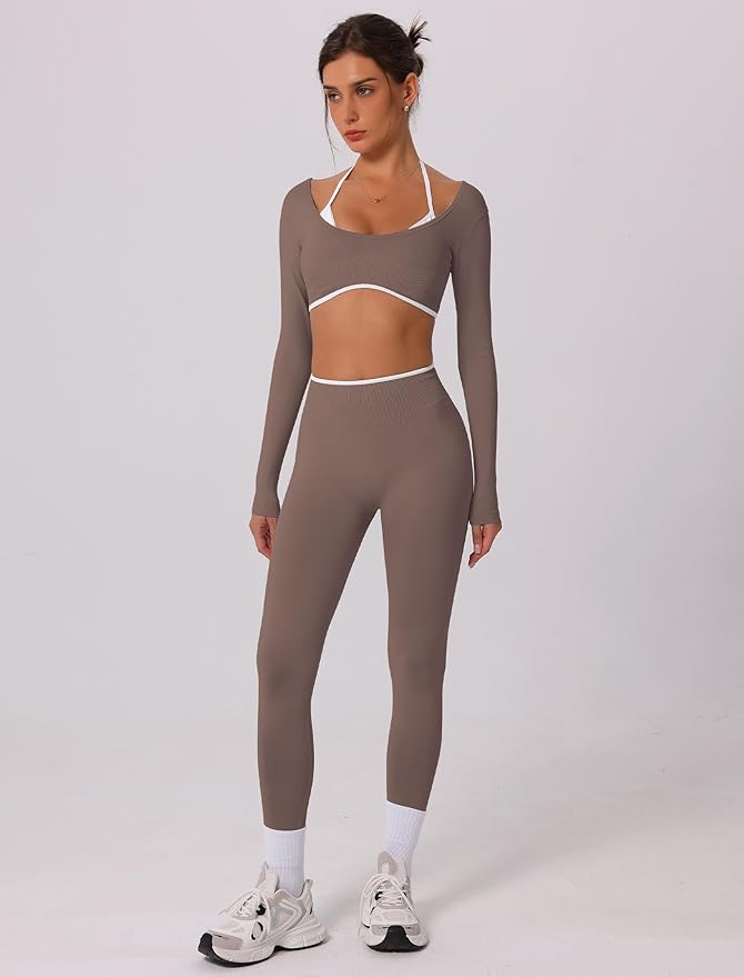 ABOCIW Workout Sets for Women Long Sleeve Crop Top Scrunch Butt Lifting High Waist Leggings 2 Piece Gym Yoga Outfits