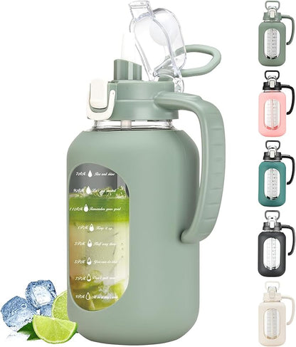 64 oz Glass Water Bottle with Handle and Straw Large 2L Water Bottle with Time Markers and Silicone Sleeve Half Gallon Water Jug BPA Free for Gym Daily Use