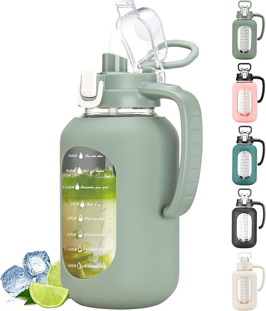 64 oz Glass Water Bottle with Handle and Straw Large 2L Water Bottle with Time Markers and Silicone Sleeve Half Gallon Water Jug BPA Free for Gym Daily Use