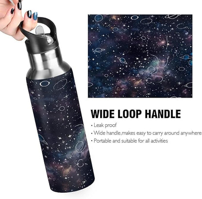 AUUXVA Night Planet Constellation Galaxy Water Bottle Vacuum Insulated Stainless Steel Mug Kids Water Bottle with Straw and Handle Keep Hot Cold Sport Bike Fit Travel Outdoor 20 oz