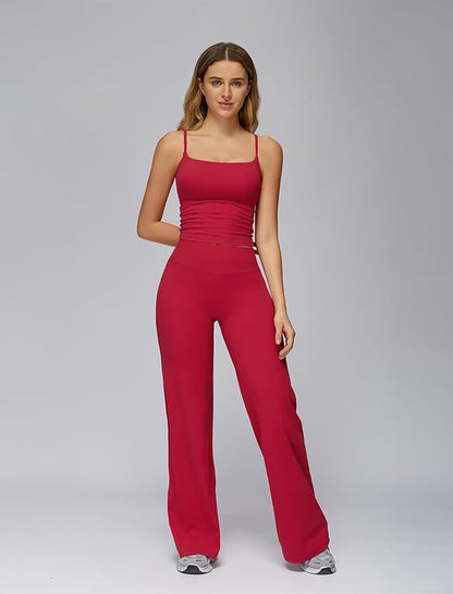 Womens Workout Sets Two Piece Spaghetti Straps Crop Top Matching Straight Leg Pants Gym Work Pilates Outfits