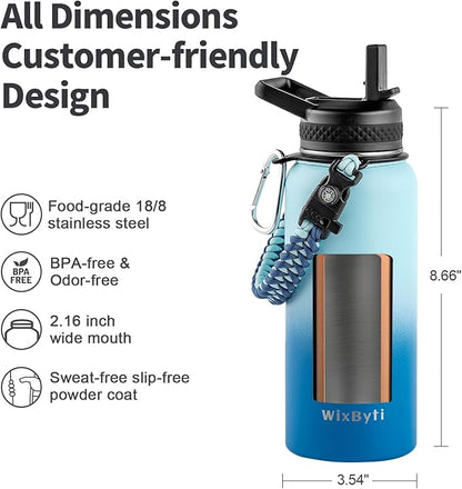 32 oz Insulated Water Bottle with Straw, Stainless Steel Triple Wall Vacuum Sports Water Jug, Leakproof Hydro Cup Flask with Paracord Handle & Straw Spout Lids & DIY Stickers