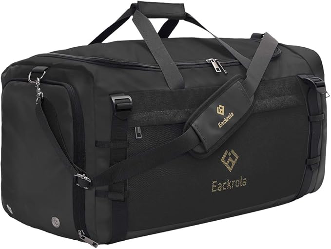 Eackrola Large Sports Gym Bag, Travel Duffel bag with Wet Pocket & Shoes Compartment for men women, 65L, Lightweight（Black）