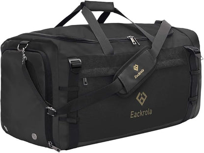 Eackrola Large Sports Gym Bag, Travel Duffel bag with Wet Pocket & Shoes Compartment for men women, 65L, Lightweight（Black）