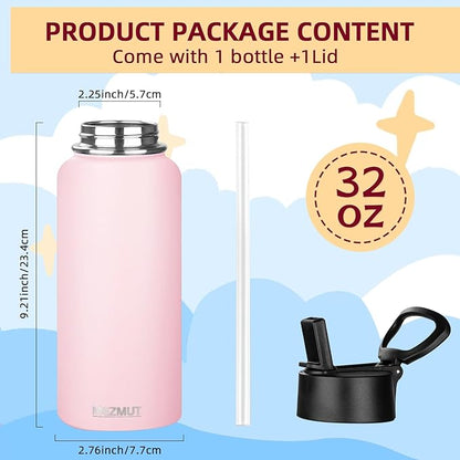 MEZMUT Insulated Water Bottle with Straw 32 oz Metal Water Bottle Leakproof Travel Stainless Steel Water Bottles Reusable Double Wall Gym Sports Cup Flask for Camping Hiking, Pink
