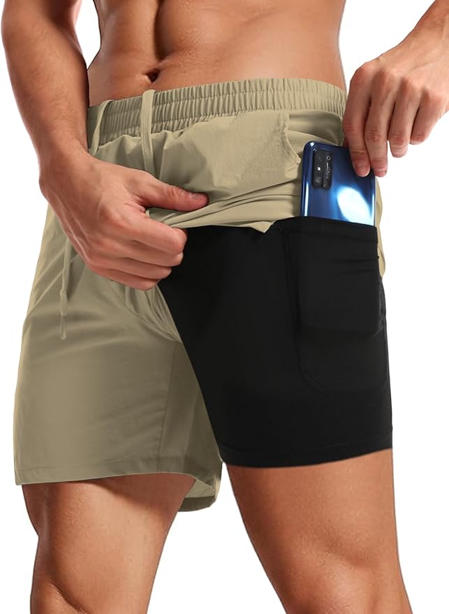 Aolesy Men's 2 in 1 Running Shorts 5" Workout Gym Athletic Shorts for Men Quick Dry Lightweight Training Shorts with Pockets