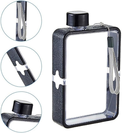 MiOYOOW Square Flat Water Bottle, Portable Transparent Sports Water Cup Reusable Memo Paper Bottles for Outdoor Travel Fitness Gym