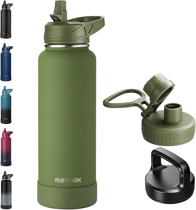 40oz Insulated Water Bottle with Straw, Stainless Steel Metal Vacuum Water Flask, Large Thermal Water bottle with Leakproof 3 Lids for Travel, Camping, Gym Sports Armygreen