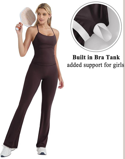 OMKAGI 2 Piece Workout Sets for Women Padded Tank Tops Flare Leggings Pilates Outfits