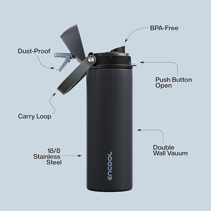 Insulated Water Bottle with Straw - Encool Stainless Steel Water Bottle with Push Button Lid, Leak-Proof & BPA-Free, Keeps Cold for 24 Hours for Sports, Travel, Gym (24 oz, Tuna Grey-Silver)