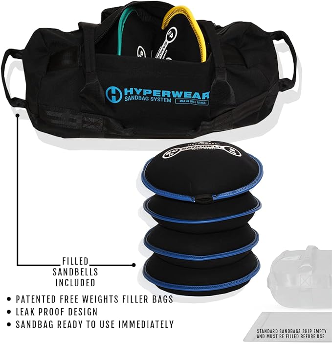 HYPERWEAR Adjustable Sandbag System, Heavy-Duty with Handles & Pre-Filled SandBell Filler Sandbags (25, 40, 80, 160 lbs)